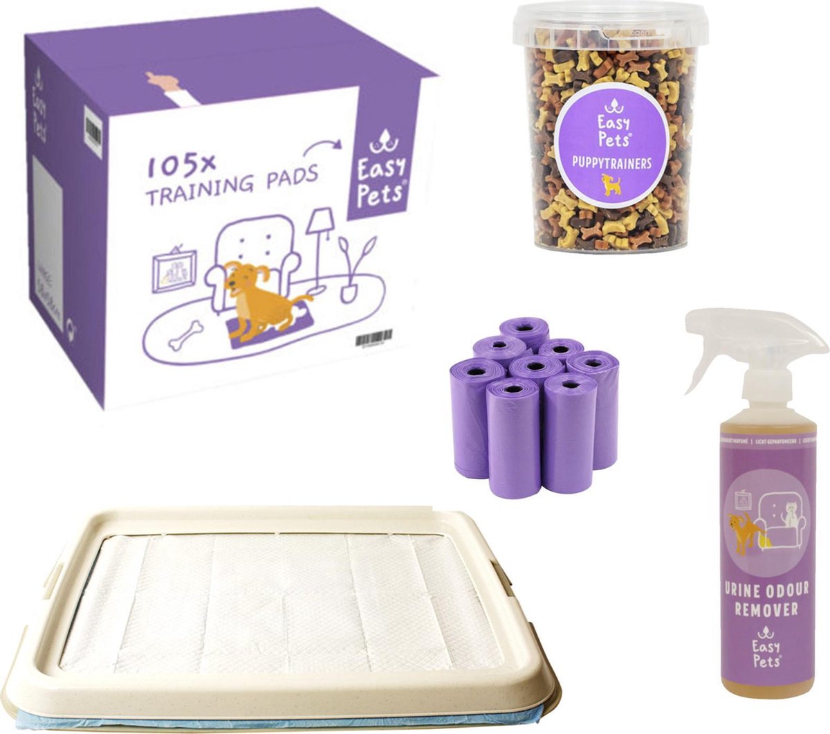 Easypets Puppy Zindelijkheidspakket - Hondentoilet - Training pads 105st - Padhouder - Puppy Trainers 500ml - Urinegeur Verwijderaar 500ml - Poepzakjes 160st