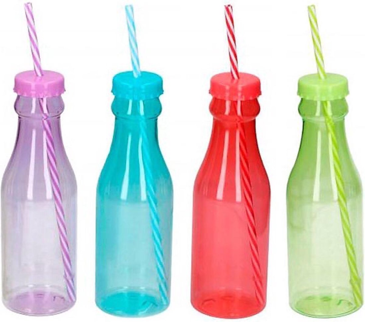Set van 4 stuks Gekleurde zomerse Drinkfles met Rietje