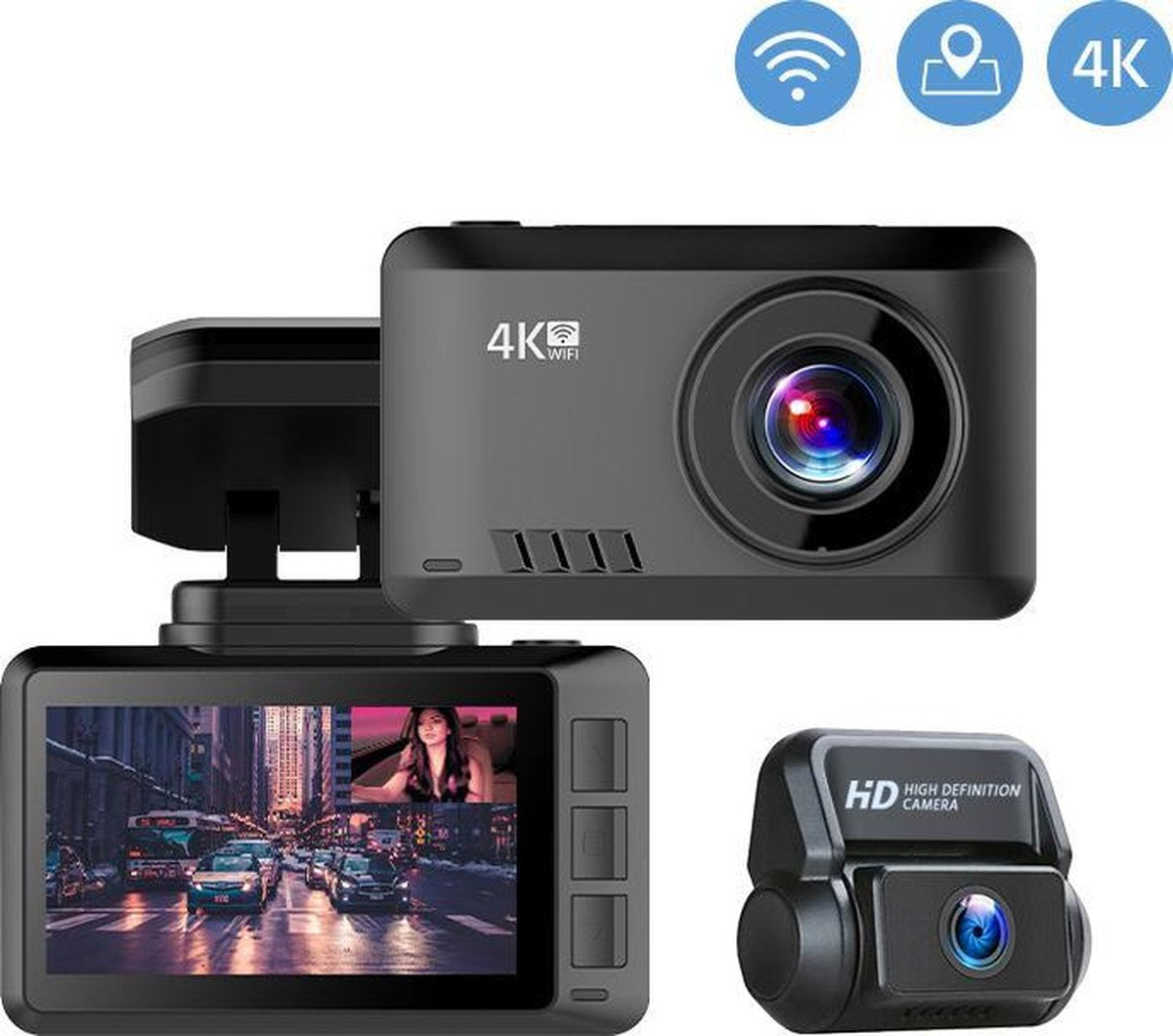 TechU™ 4K Dashcam set MO2 Pro - Wifi - GPS - Voor en Achter - Super Night Vision - Dual Recording - Autocamera - Loop recording - Bewegingssensor - G-sensor