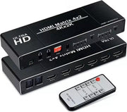 HDMI 4 x 2 Matrix -  Switcher & Splitter incl. Afstandsbediening | 4 in 2 uit | 3D | 4K@60 Hz (4:4:4) | HDCP 2.2 | Ondersteunt ARC / MHL