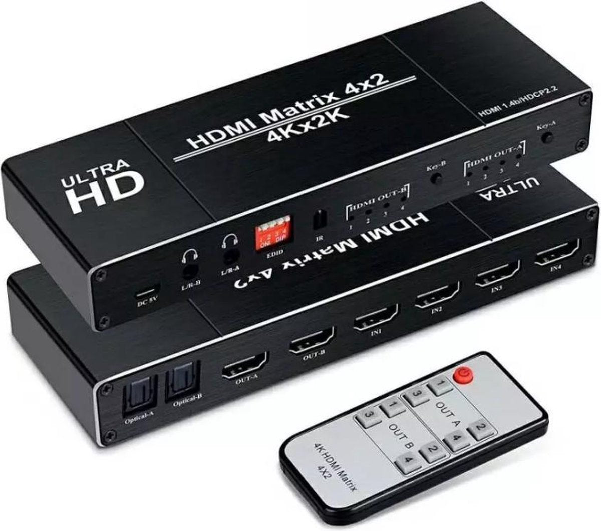 HDMI 4 x 2 Matrix -  Switcher & Splitter incl. Afstandsbediening | 4 in 2 uit | 3D | 4K@60 Hz (4:4:4) | HDCP 2.2 | Ondersteunt ARC / MHL