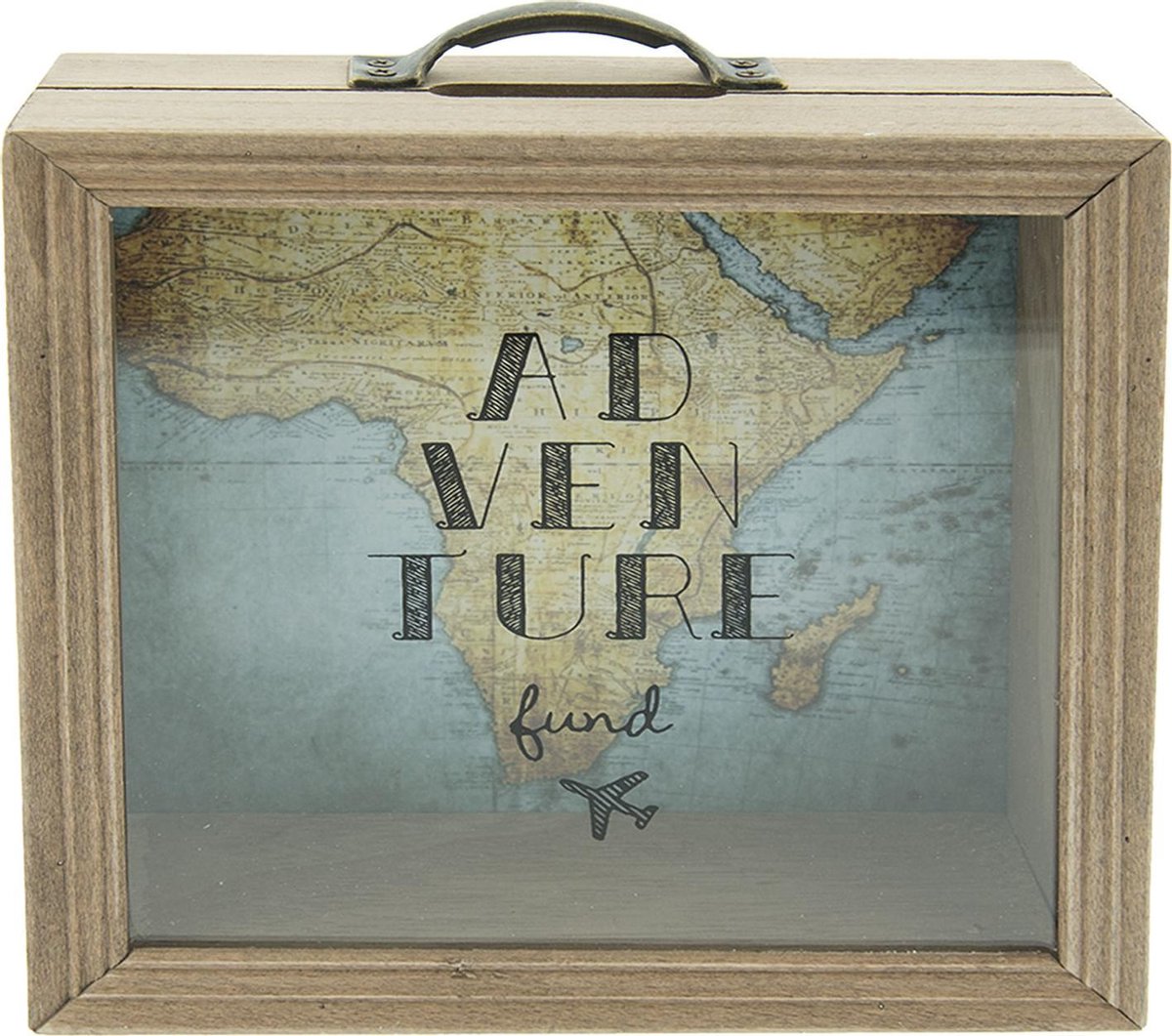 Spaarpot Adventure Fund | Spaarpot Hout | Spaarvarken | 18x18x7 CM | Houten Kist | Geldkistje | Wereldkaart | Herbruikbaar | Bruin hout leuke spaarpot | Woondecoratie | Hout | Glas |