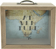 Spaarpot Adventure Fund | Spaarpot Hout | Spaarvarken | 18x18x7 CM | Houten Kist | Geldkistje | Wereldkaart | Herbruikbaar | Bruin hout leuke spaarpot | Woondecoratie | Hout | Glas |