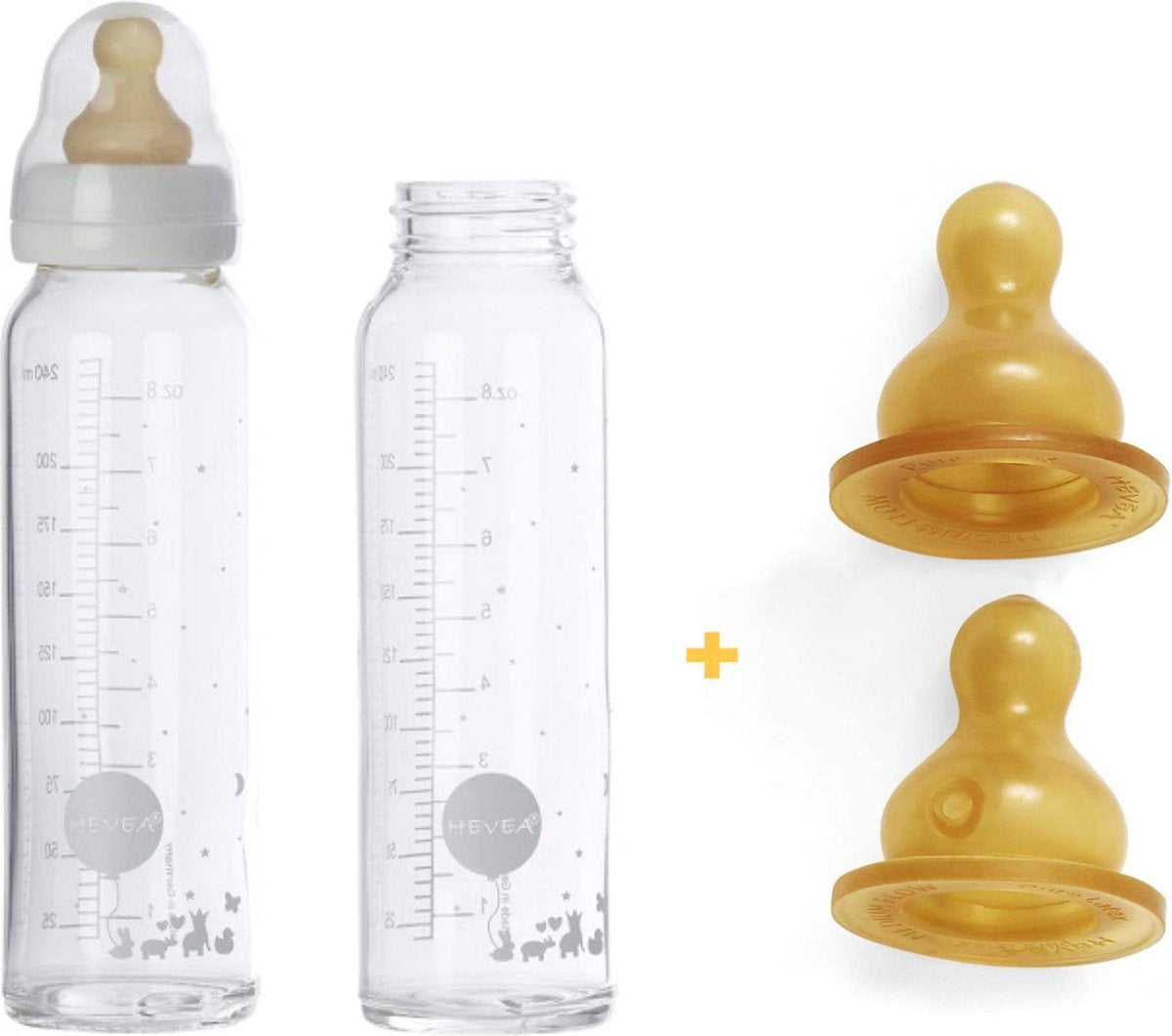 HEVEA glazen drinkfles | flessen met extra fles spenen medium flow 3-36 mnd |120 ml