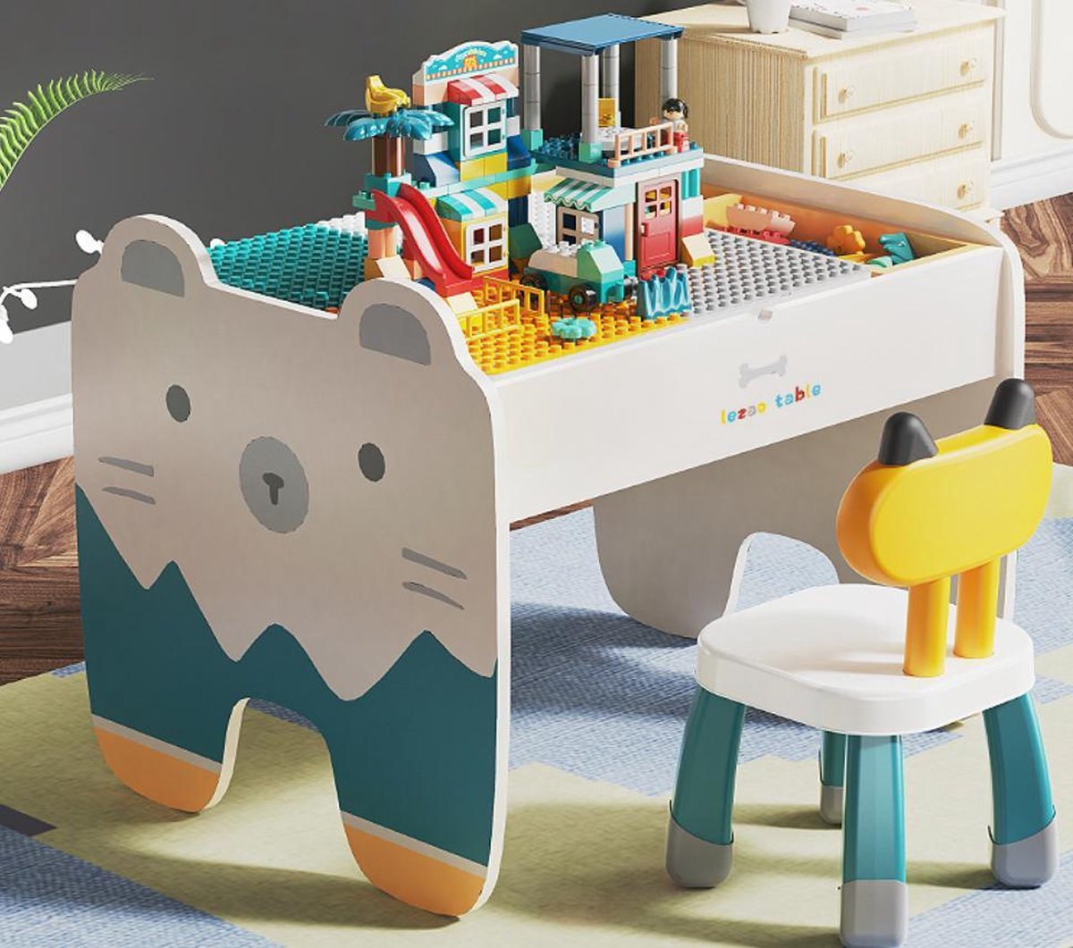 Leuke Kindertafel Houten 68*55*50cm + 2 Stoelen + 2 opbergdozen - Studeertafel