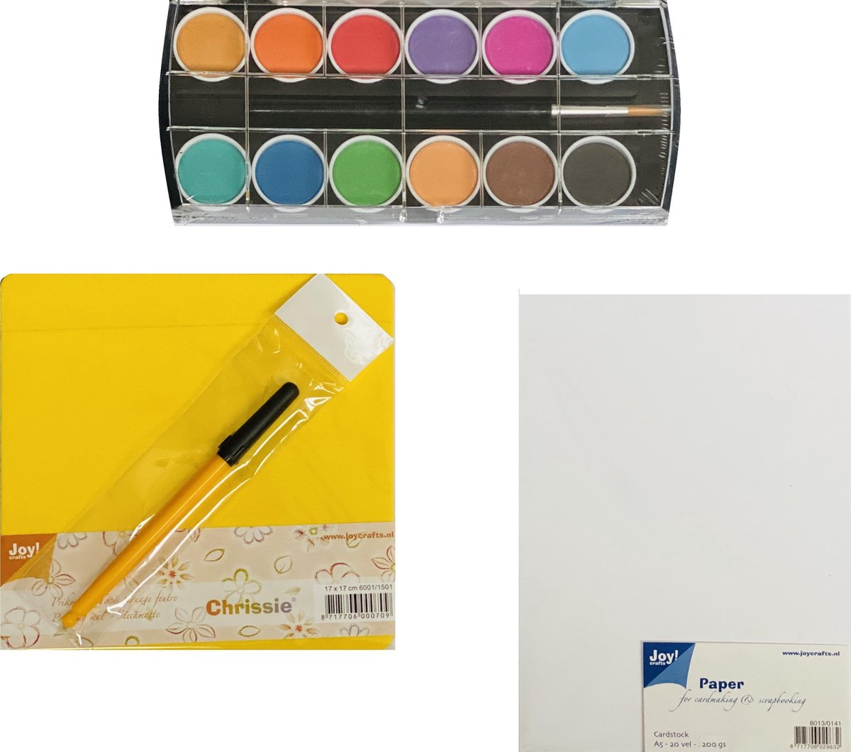 Joy!Crafts / Knutselset / Prikmat / Prikpen / Aquarel verf 12 Kleuren / 4 Artikelen in 1 Set Kleuren+Penseel / A5 wit papier 20 vellen.