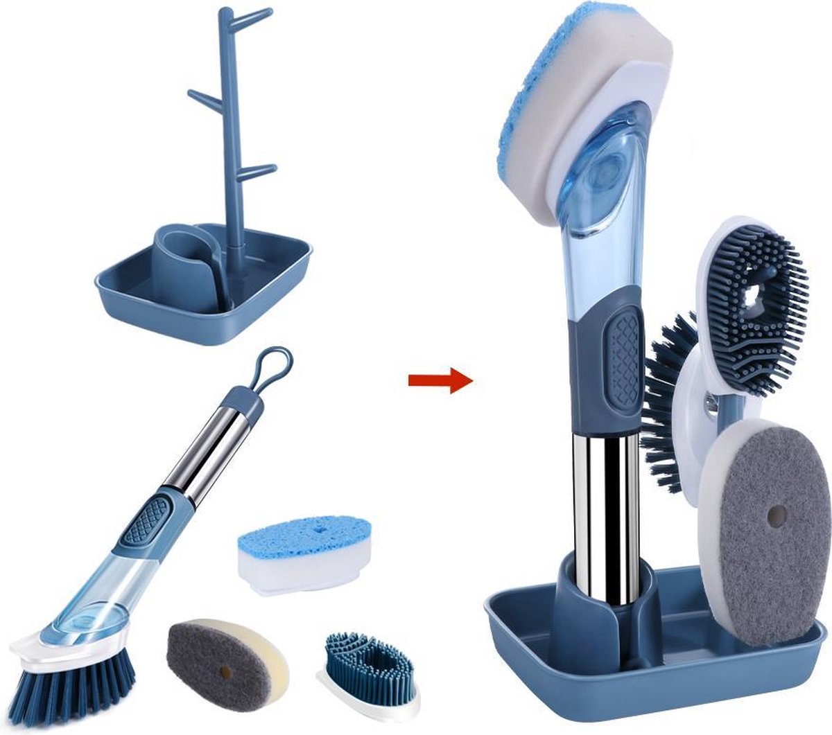 Believe 5-in-1 Afwasborstel met 4 Gratis opzetstukken & Zeepdispenser - Inclusief Borstelhouder - RVS