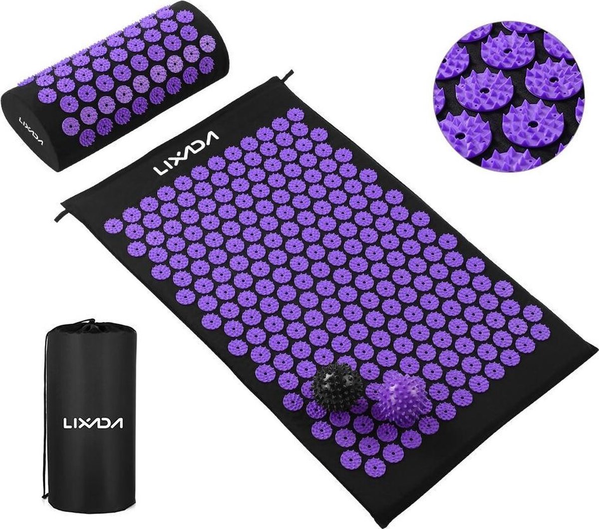 Acupressuur mat - Inclusief kussen - Drukpunten Massage mat - Spijkermat- 2 Spiky massage ballen - Paars