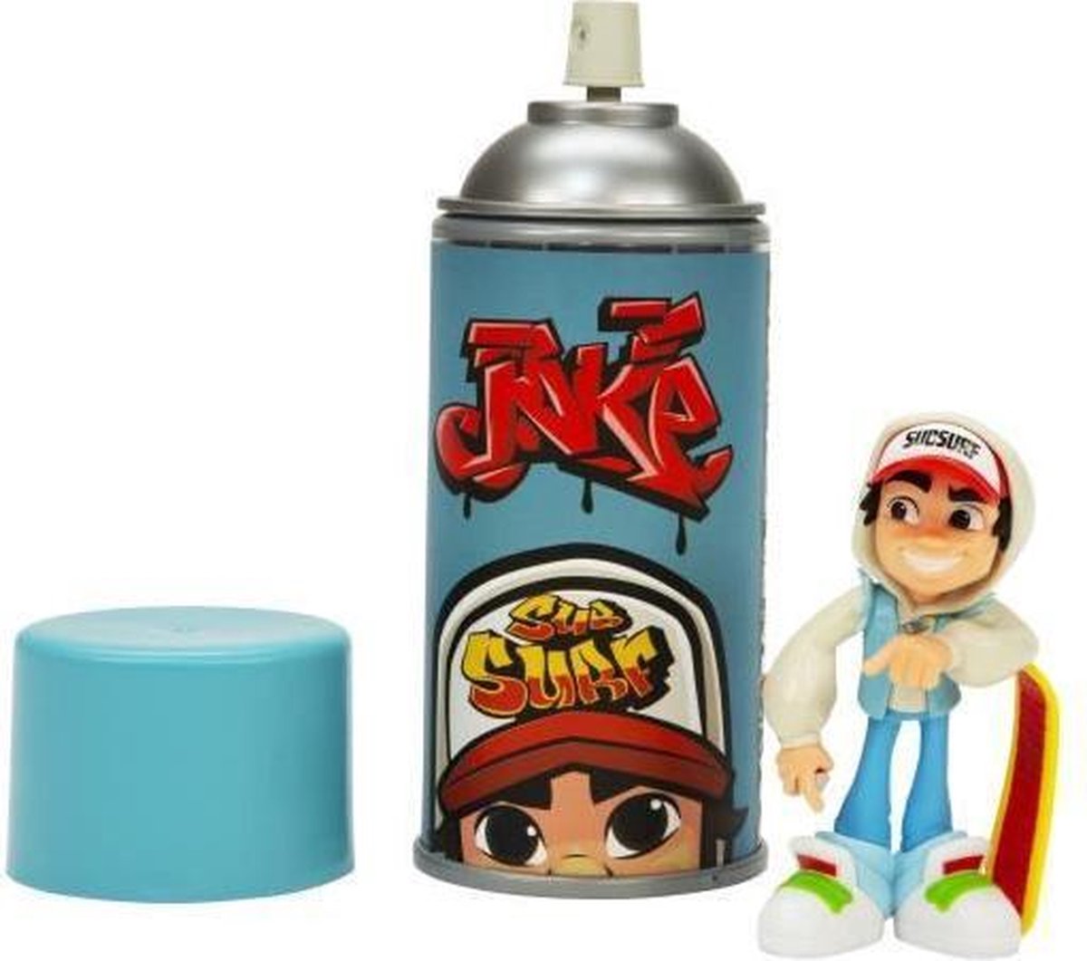 SUBWAY SURFERS - JAKE FIGUUR MET SKATEBOARD - Spray en figuur Jake en zijn 10 cm vinyl skateboard met stickercollectio