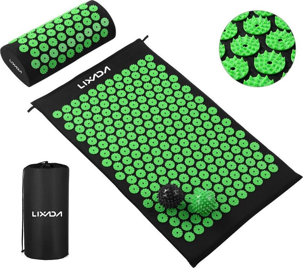 Acupressuur mat - Inclusief kussen - Massage mat - Spijkermat- 2 Spiky massage ballen - Groen
