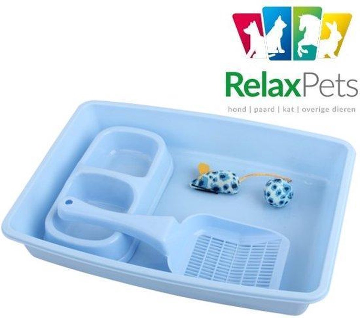 RelaxPets - Kitten Starterskit - Kitten Box - Kitten Begin Set - PetBox - Alles in één - Goede start - Kitten - Kattenbak - Schepje - Speeltje - Voer en Waterbak - Blauw - 6.5x27x36.5cm