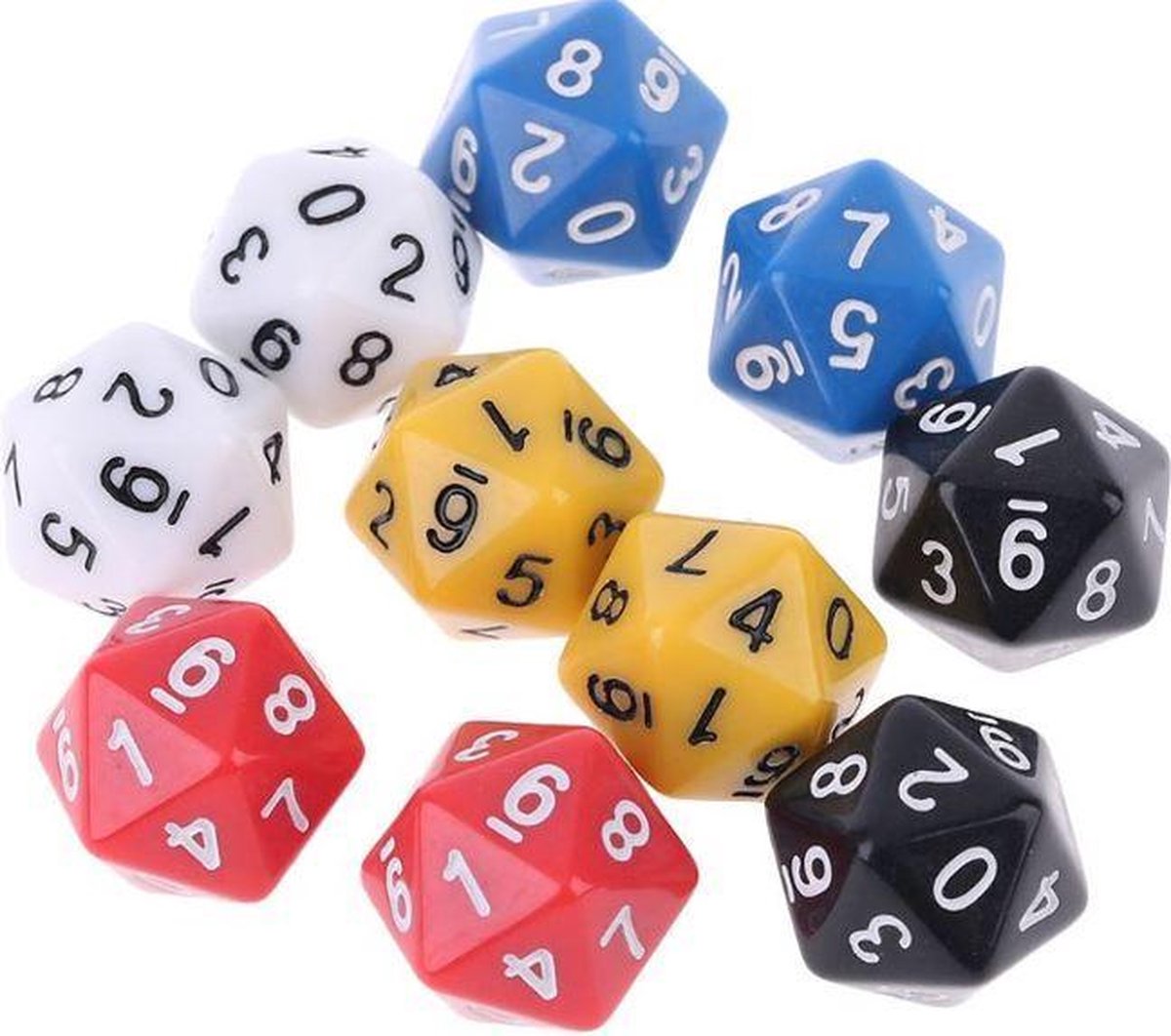 20-Kantige Dobbelsteen (SET van 10 STUKS) - 20 Zijdige Dobbelsteen - D20 - 5 Verschillende Kleuren - Stipco