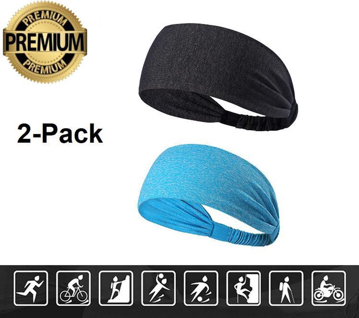 Haarband – Sporthaarband – Fitness - Yoga Haarband – Zweetband – Hoofdband – Dames Haarband – Heren Haarband - Bandana - Zwart - Licht Blauw