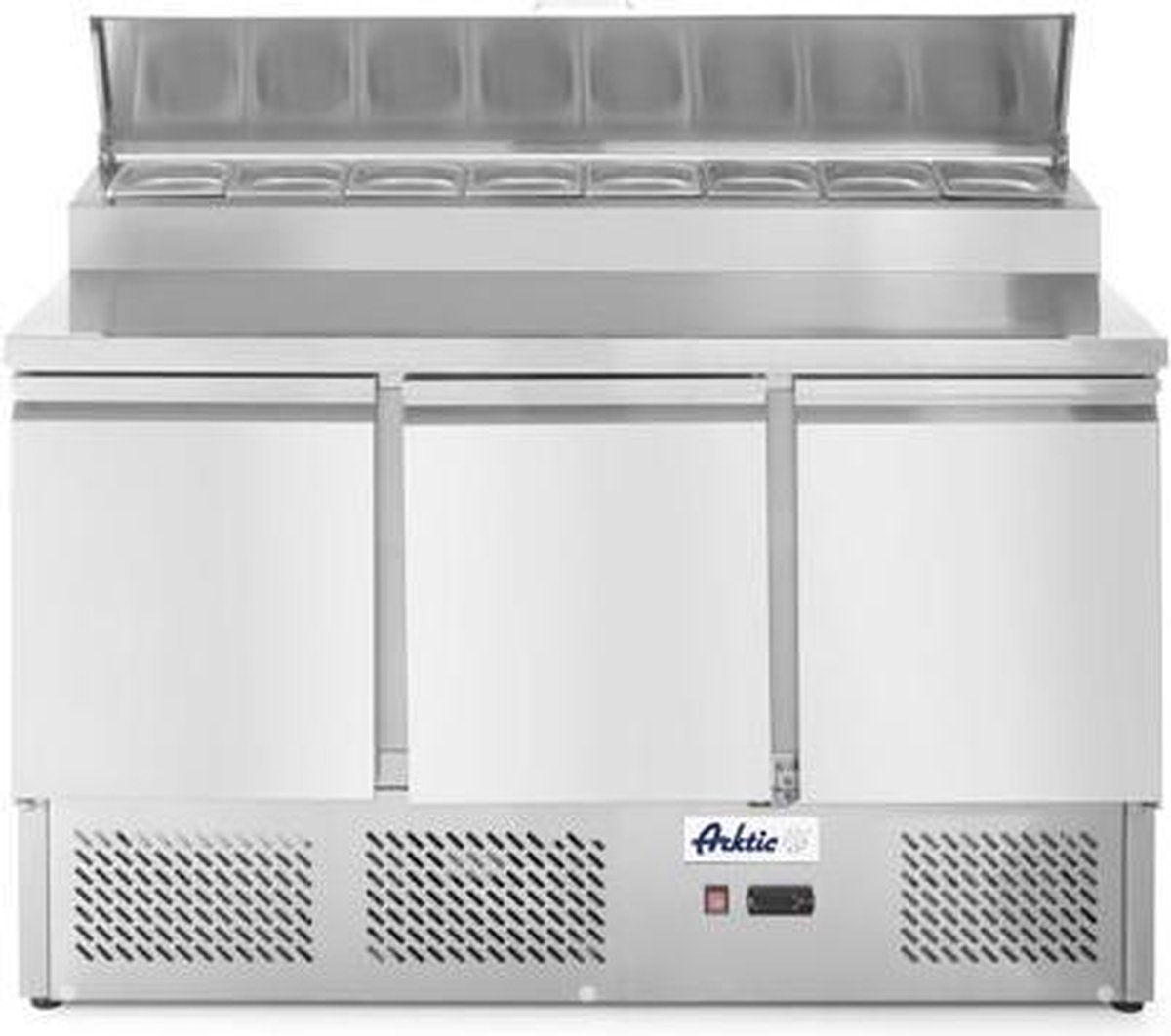 Saladette met 3 deuren en verhoogde GN vitrine 380L