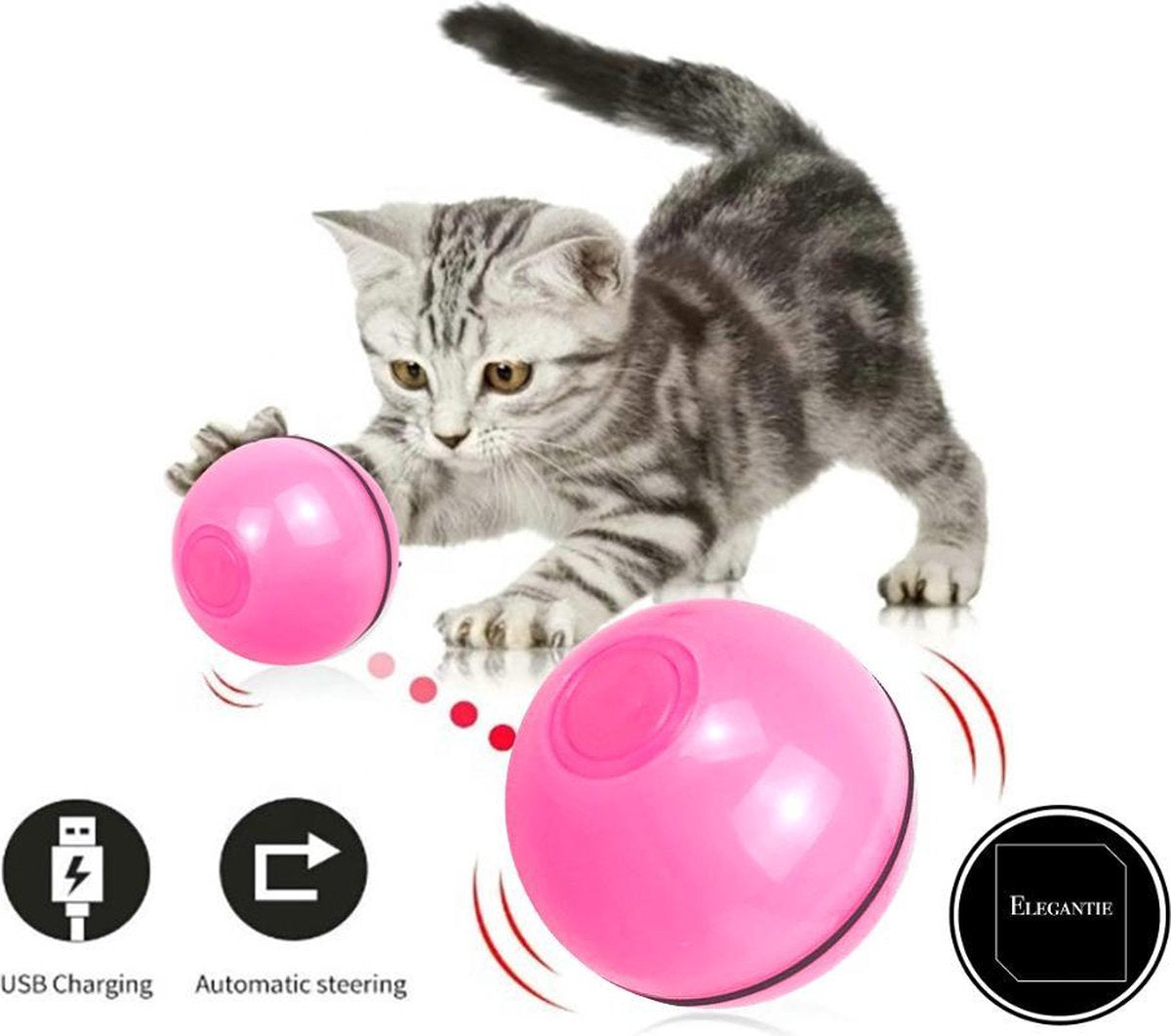 ElegaPet Magic Roller Ball Roze - Kattenspeeltjes - Interactieve Kattenbal met LED - Speelgoed Kittens - Automatisch Rollende Bal - USB oplaadbaar kattenspeelgoed