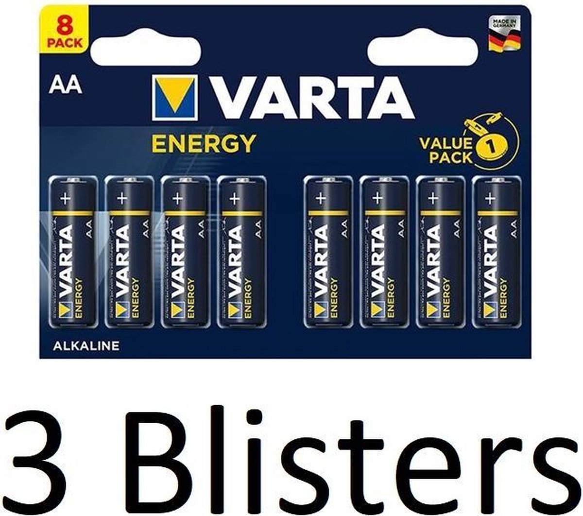 24 Stuks (3 Blisters a 8 st) Varta Energy AA Alkaline Batterijen