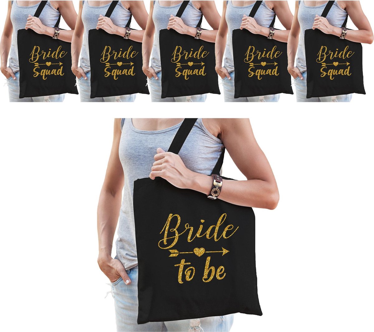 Vrijgezellenfeest dames tasjes/ goodiebag pakket - 1x Bride to Be zwart goud + 5x Bride Squad zwart goud - Vrijgezellen vrouw