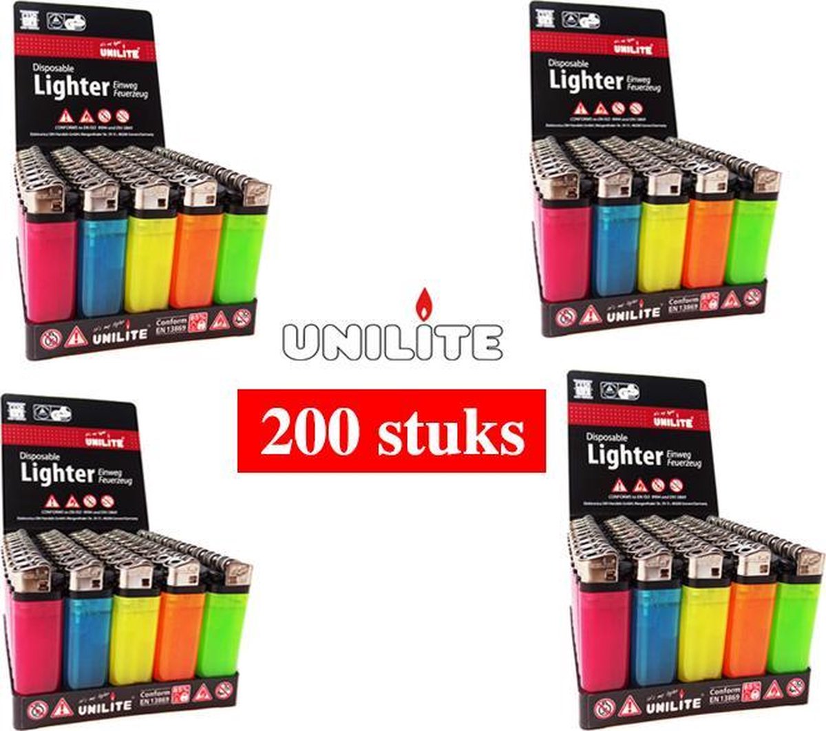 200 STUKS Aanstekers - Origineel merk Unilite - doorzichtig neon kleur wegwerp aanstekers- High Quality Lighters