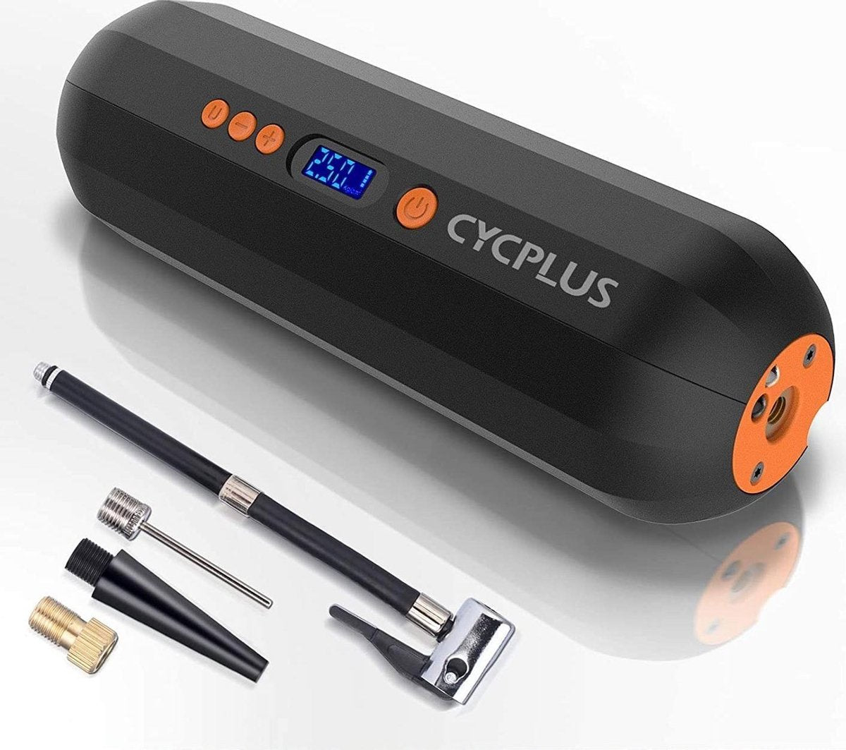 Elektrische Fietspomp Zwart/Oranje Cycplus A4. Ook voor auto-/motorbanden en ballen.