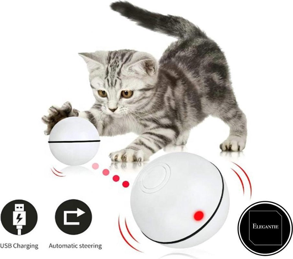ElegaPet Magic Roller Ball Wit - Kattenspeeltjes - Interactieve Kattenbal met LED - Speelgoed Kittens - Automatisch Rollende Bal - USB oplaadbaar kattenspeelgoed