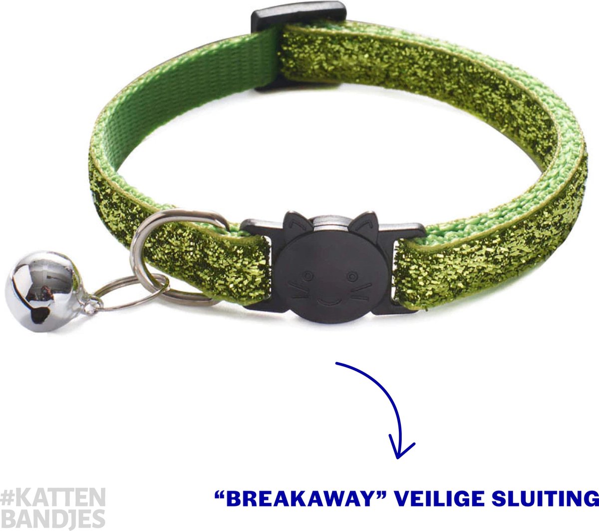 Kattenhalsband | Halsband kat | Kitten | Kattenbandje glitter groen | Kattenhalsbandje met veiligheidssluiting en belletje