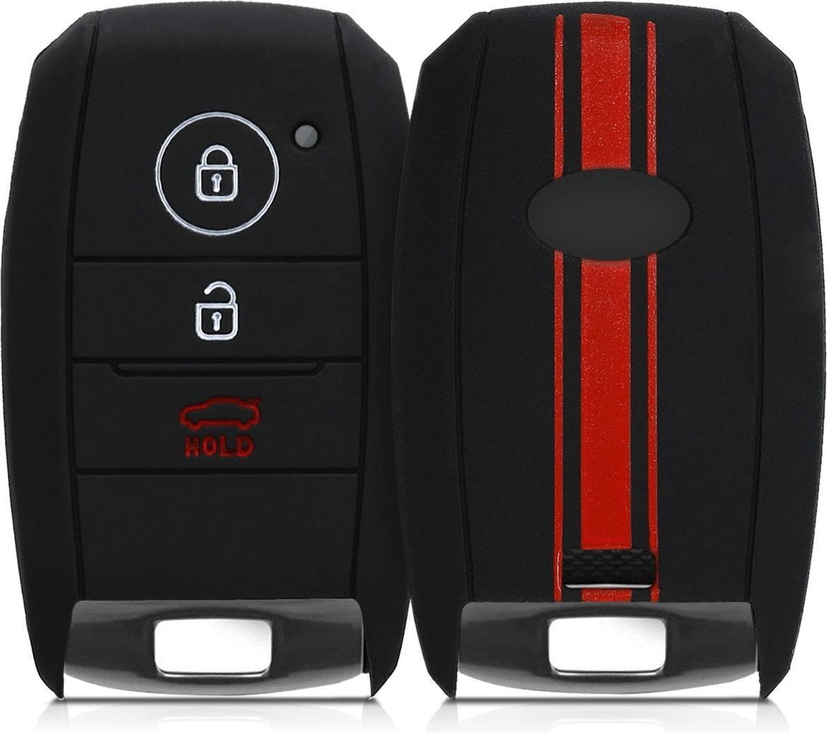 kwmobile autosleutelhoes voor Kia 3-knops Smartkey autosleutel - Siliconen beschermhoes in rood / zwart - Rallystrepen design