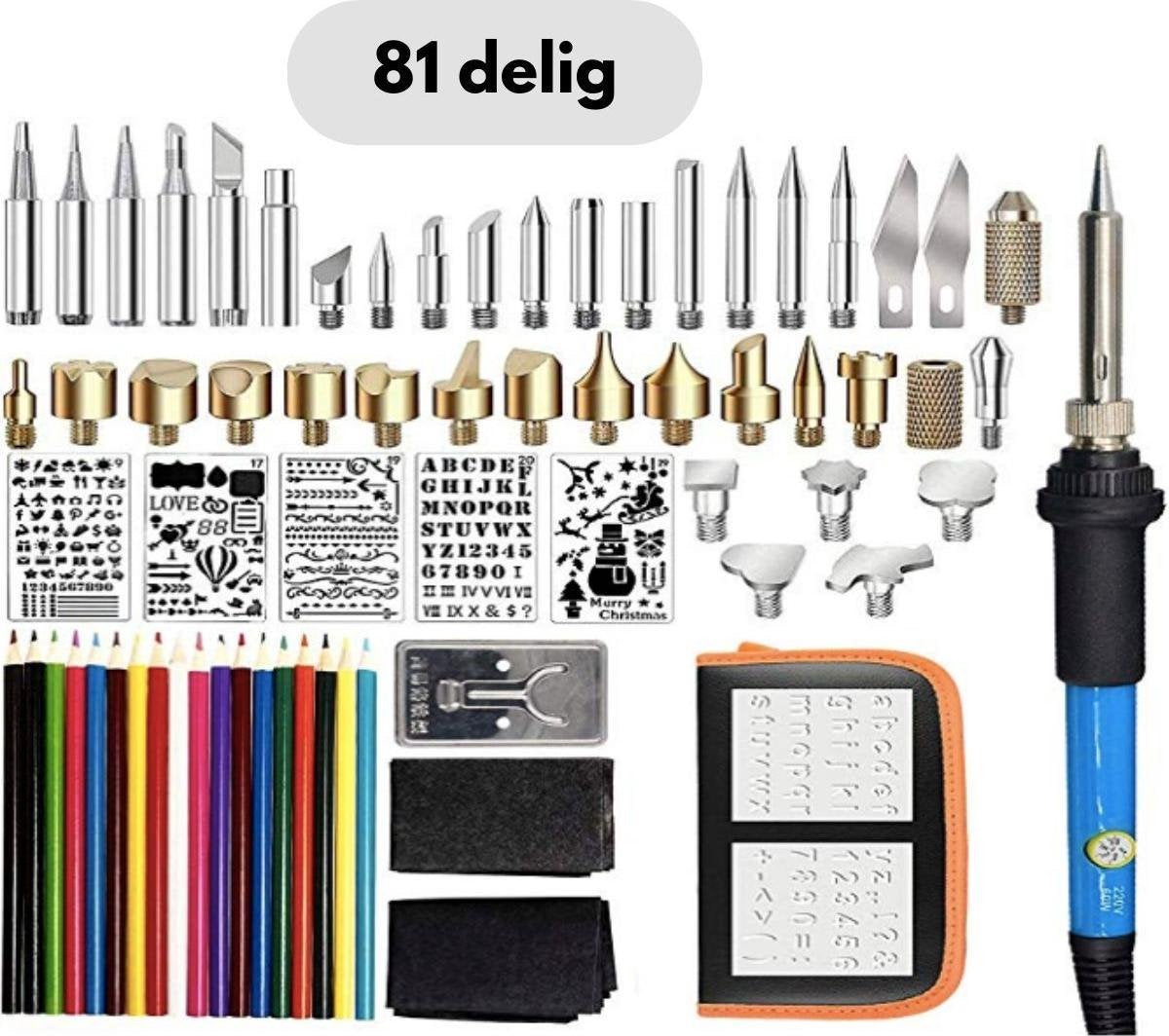 Flex - Professionele Houtbrander Set - 80+ Delig - Graveerpen - Pyrografie - Houtbewerking - Soldeerbout - Knutselpakket- + 3 Gratis Vingerbeschermers