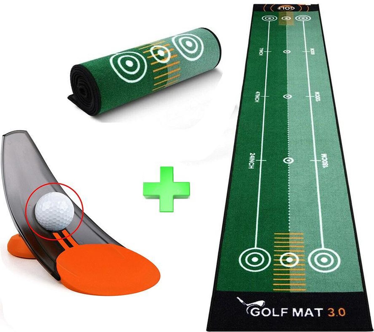 Firsttee - COMBI DEAL - Putting oefenmat XXL (3m) & Putting trainer (rood) - Putter cup - Golf accessoires - Sport - Training - Putten - Cadeau - Golftrainingsmateriaal - Golfset - Trainingsmaterialen - Golfballen - Golfmat - chippingmat - Mat - Net