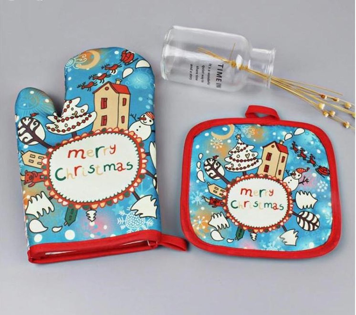 Ovenwant en pannenlap - Merry Christmas - Blauw met rood