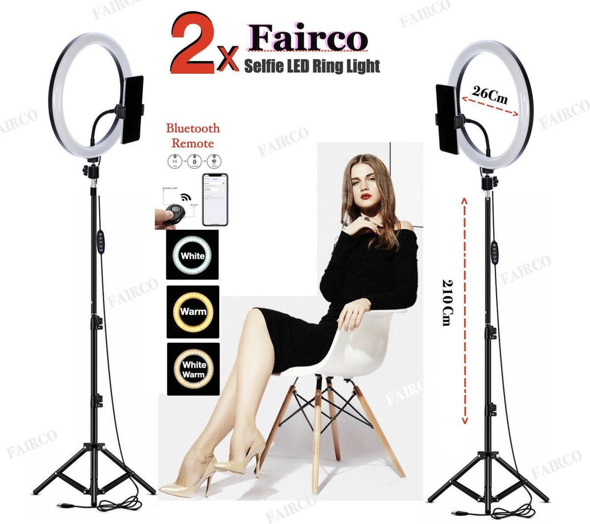 2x Selfie LED Ring Lamp 26Cm met Statief 210 CM hoog Inclusief Bluetooth afstandsbediening en Telefoonhouder - Smartphone Tripod - LED Ringlamp - Ring Light - flitser - Make-up light - Studiolamp – Fairco