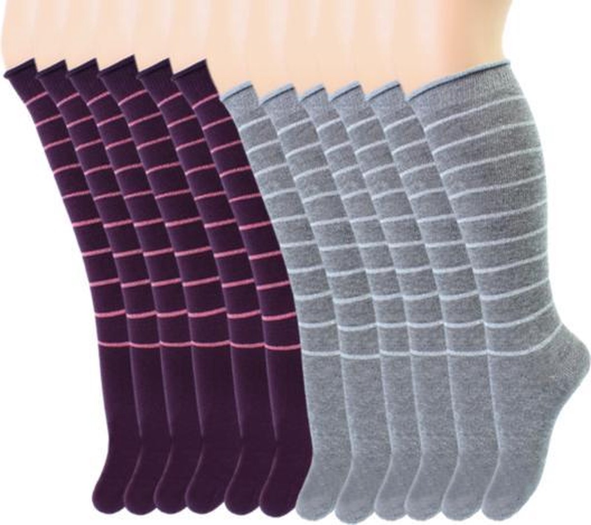 6 paar Kniekousen - Glitter - Gestreept - Paars-Grijs - Maat 19-22