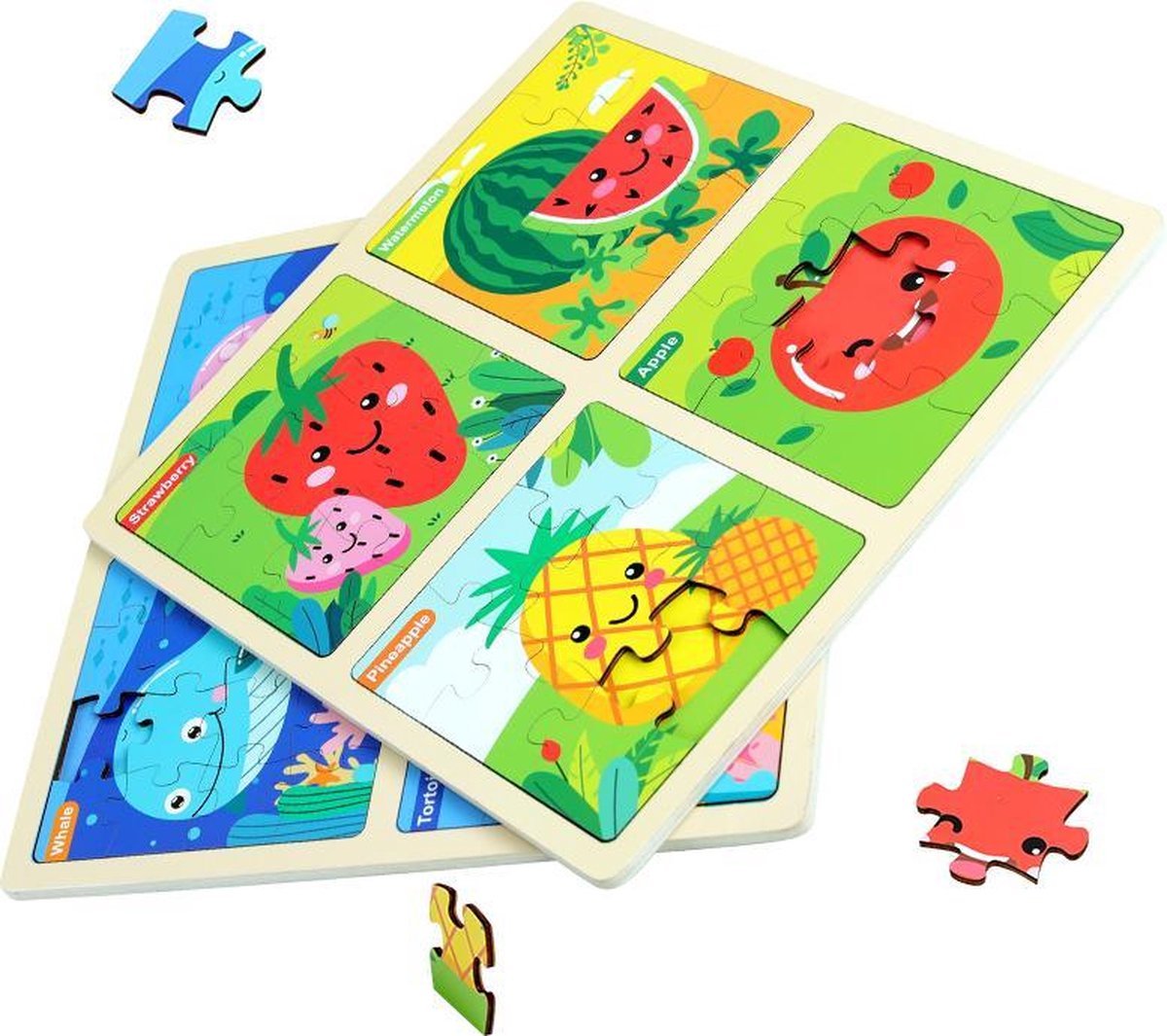 8-in-1 sets Hoogwaardige Verdikte Houten Puzzel - Zeedieren & Fruit 4*9 + 4*16 stuks voor peuters vanaf 2 jaar