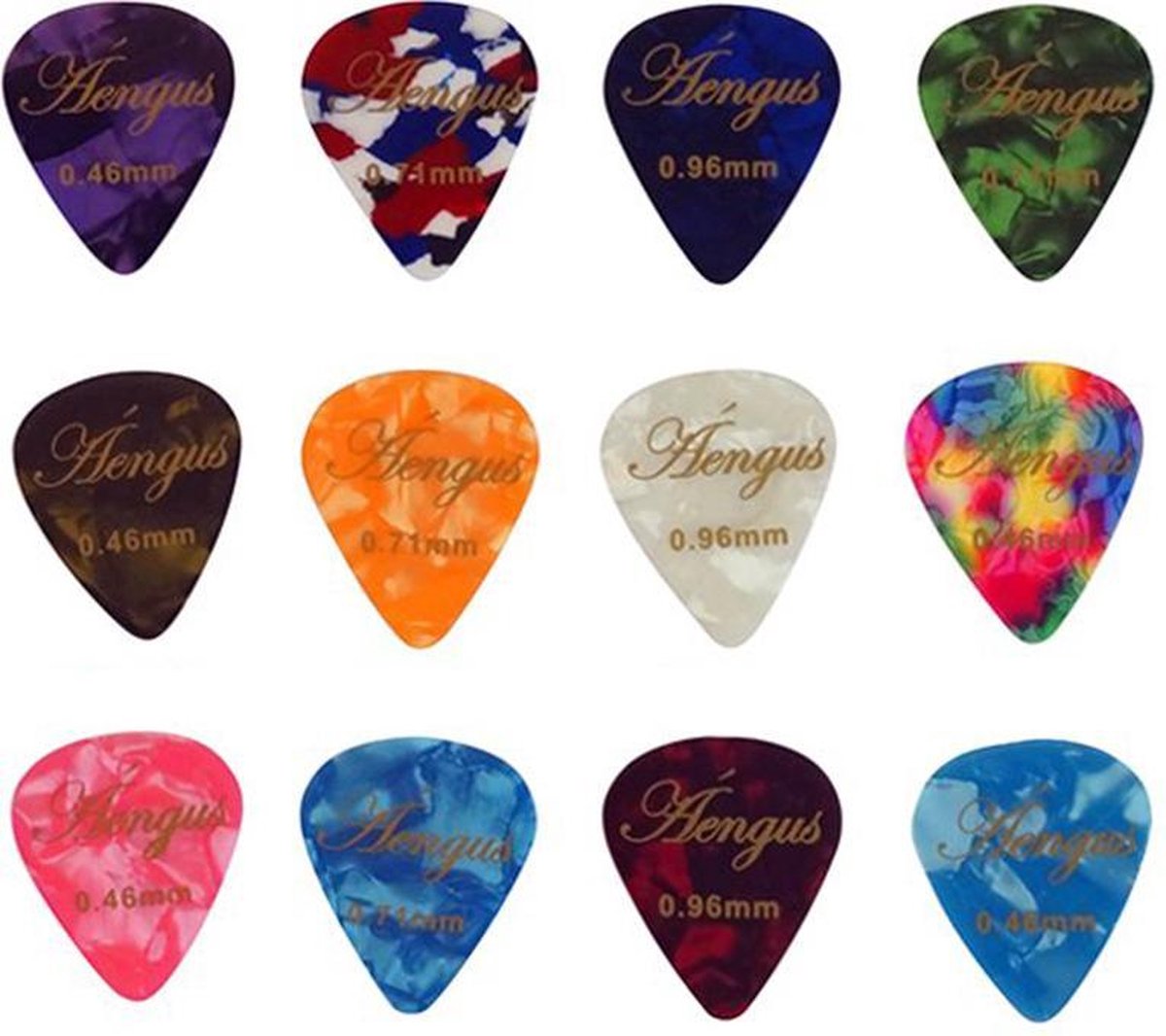 Áengus Plectrum set 12 Celluloid plectrums - in de diktes thin 0.46 medium 0.71 en thick 0.96 mm