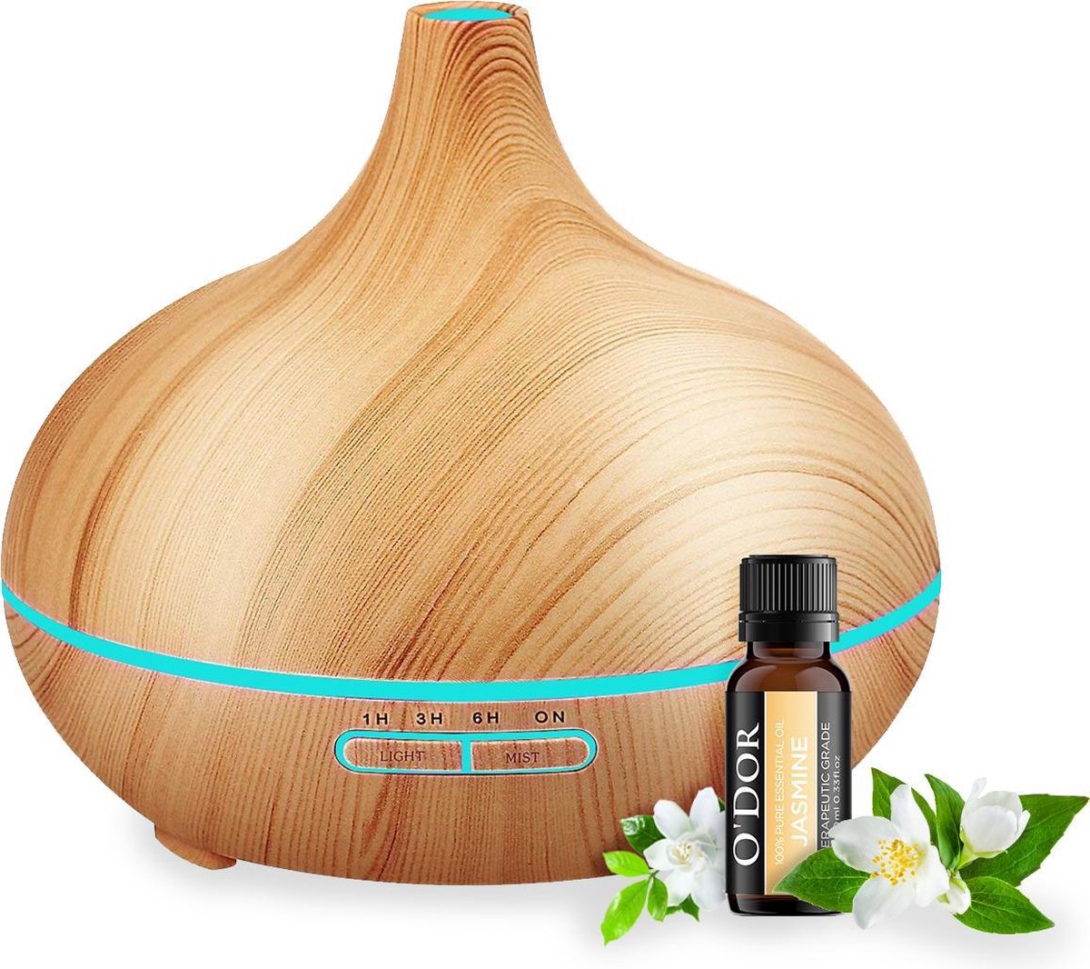 O'dor® Aroma Diffuser met EXTRA Jasmijn bloem Etherische Olie - Ultrasone Vernevelaar Bevochtiger Verdamper- Houtkleur