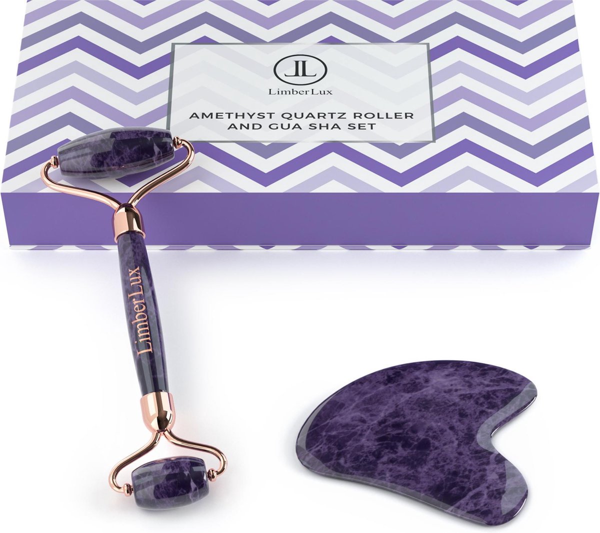 LimberLux Amethyst Quartz Roller & Gua Sha Set - inclusief draagzakje - Anti Aging Gezichtsroller van 100% Amethist kwarts - Face Roller - Jade Roller