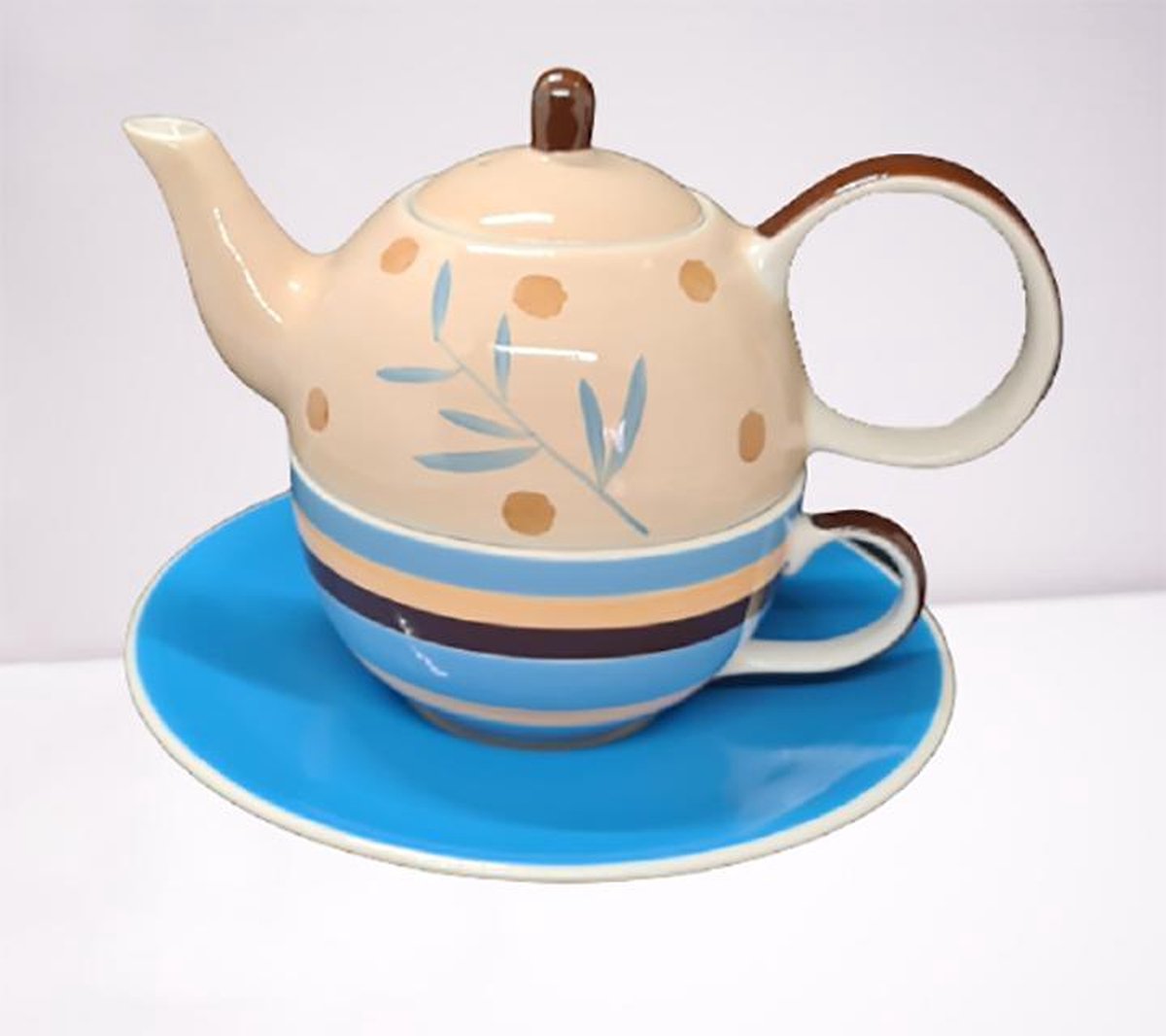 Tea for one set - Theeset - Keramiek - Handgeschilderd - Gebloemd blauw en beige