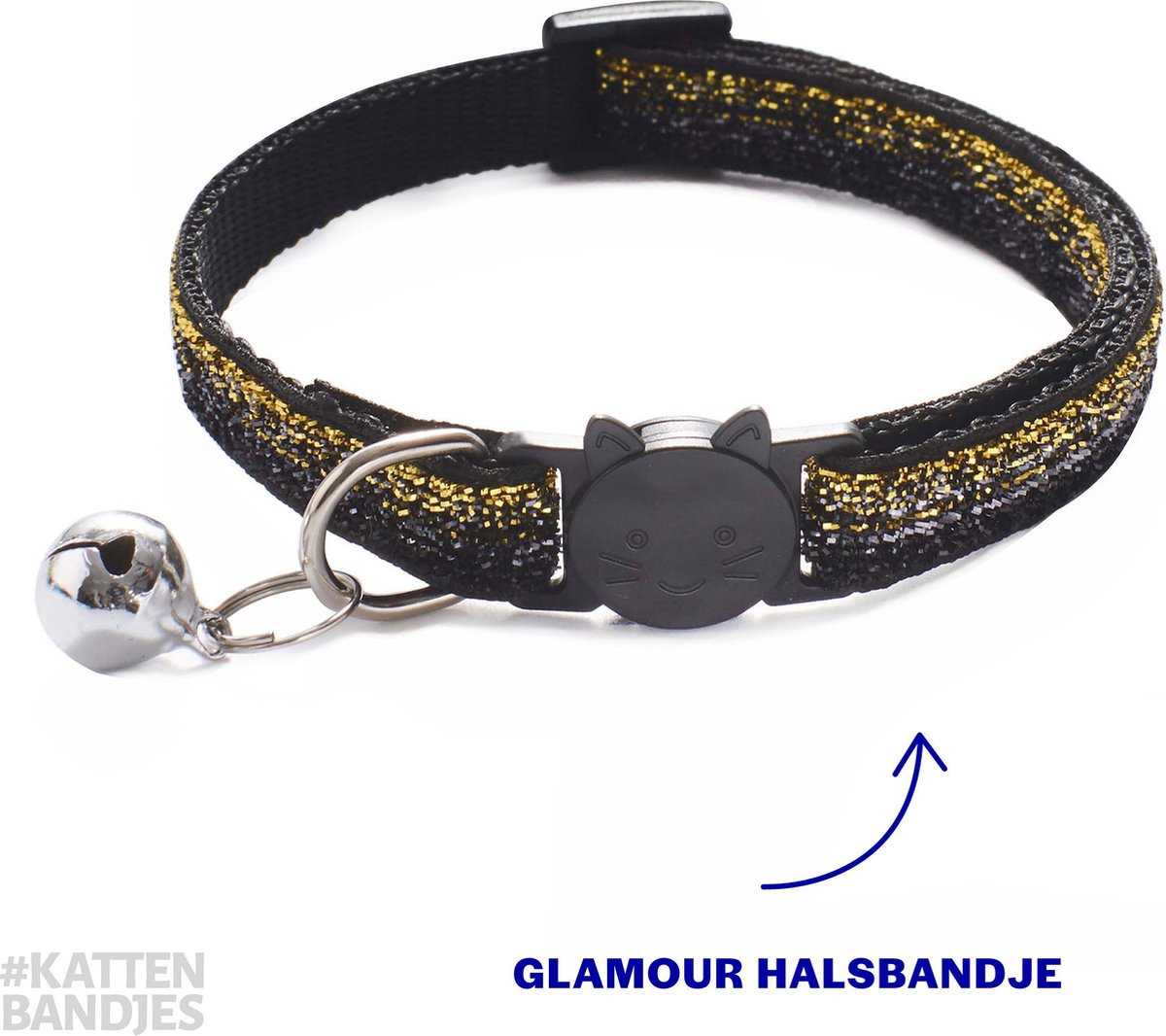 Kattenhalsband | Halsband kat | Kitten | Kattenbandje glitter zwart-goud | Kattenhalsbandje met veiligheidssluiting en belletje