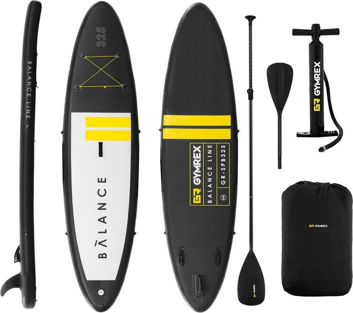 Gymrex Inflatable SUP Board - 145 kg - zwart/geel - set met peddel en accessoires