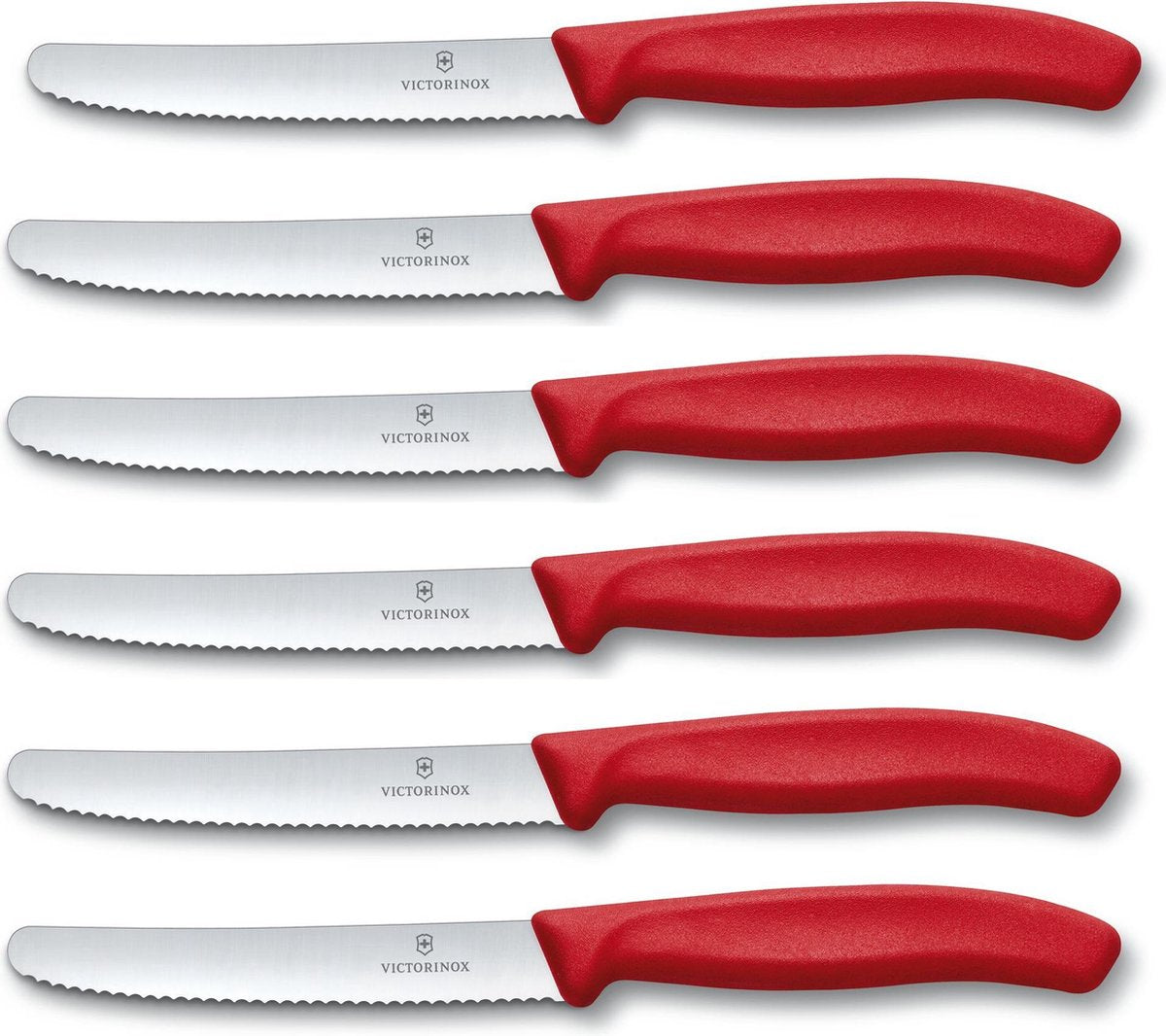 Victorinox 6 x pak mesje met golvende rand tomaat & worstmes - rood - lemmet 11 cm
