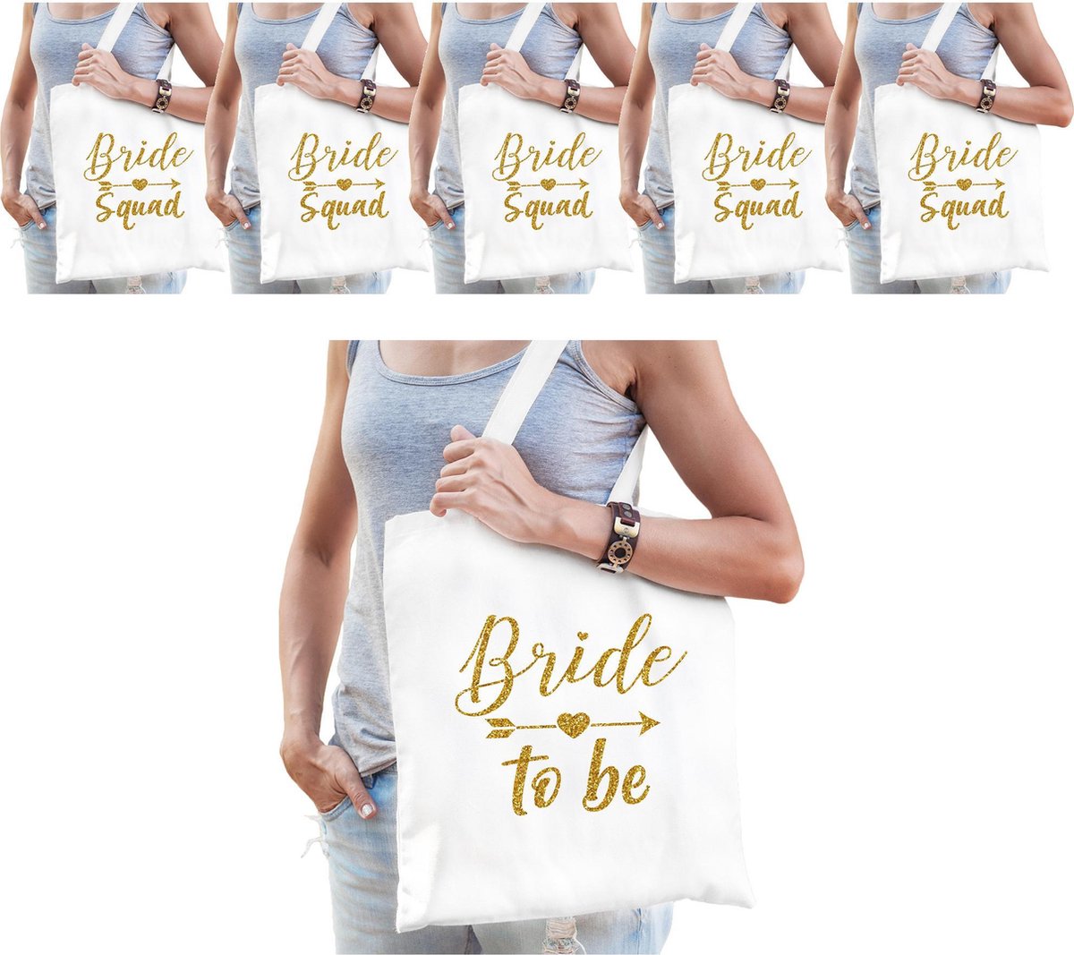 Vrijgezellenfeest dames tasjes/ goodiebag pakket - 1x Bride to Be wit + 7x Bride Squad wit - Vrijgezellen vrouw