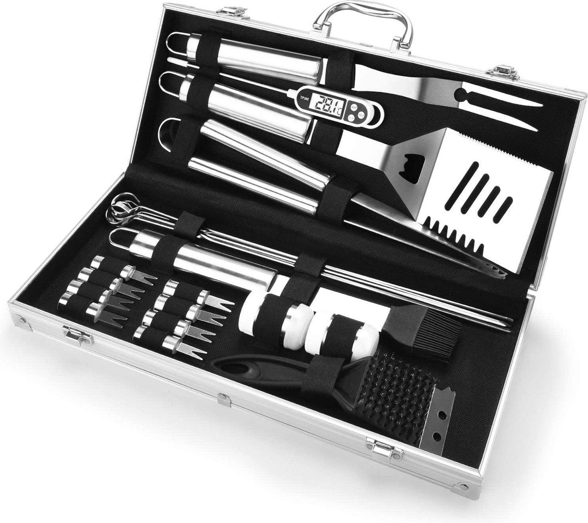 BBQ® 18 Delige Luxe Set BBQ Accesoires - BBQ Gereedschap - Inclusief aluminium behuizing - Geschikt Voor Gas & Houtskool BBQ - Camping gereedschap - ideaal voor op de camping