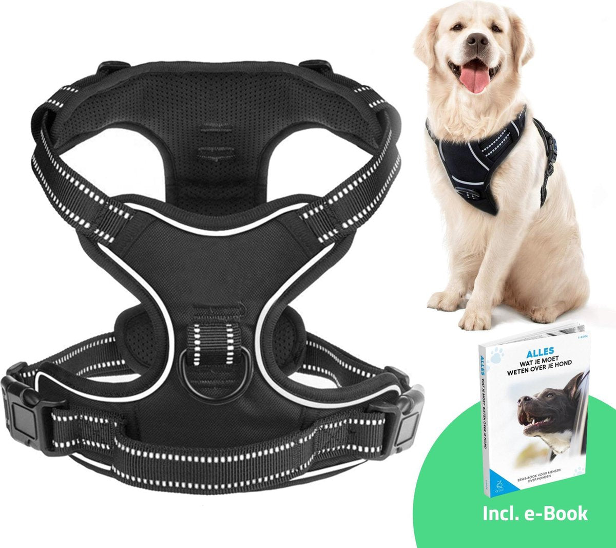 Hondentuig Grote Hond – Reflecterend Hondenharnas – Anti trek tuig – Maat L – Zwart - Quzi®