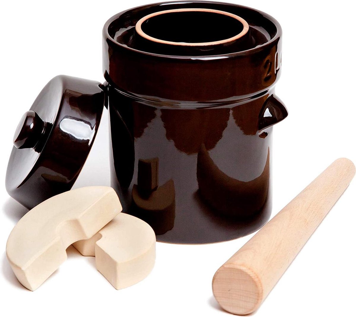 Fermentatie pot 2L Bruin - Complete set met Waterslot - 2 verzwaar stenen & aandruk stok - Huisgemaakte Probiotica - Zuurkoolpot - Fermenteer pot