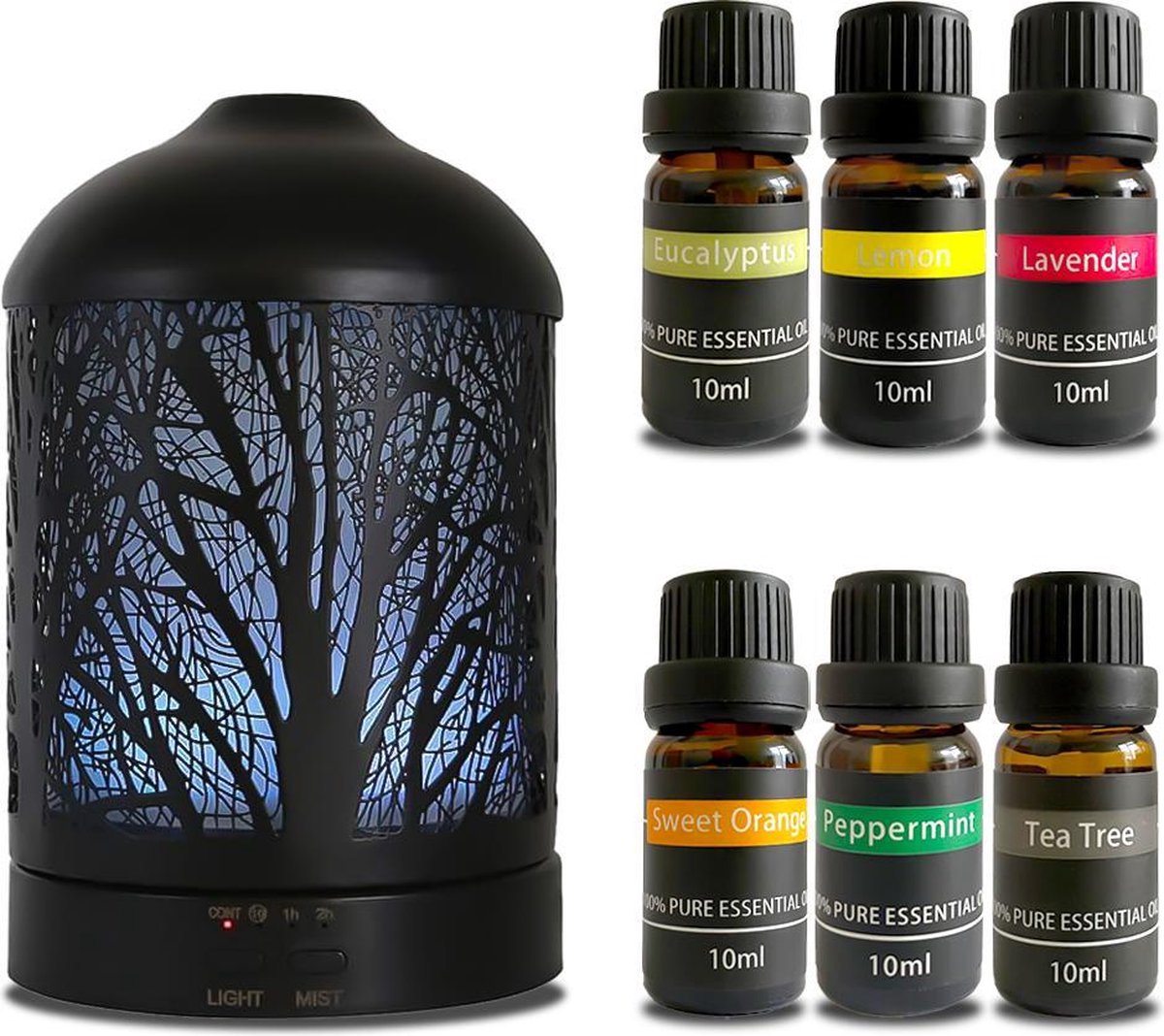 Flavorett Metalen Aroma diffuser - Incl.  6 Etherische Olie – Luchtbevochtiger – Geurverspreiders
