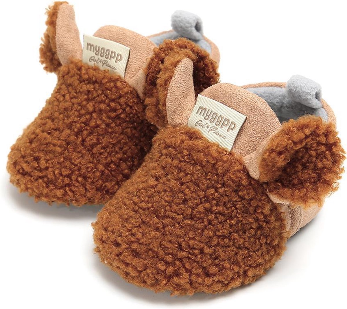 Schattige en warme Myggpp baby slofjes met anti slip zool bruin 6-12 mnd/12 cm