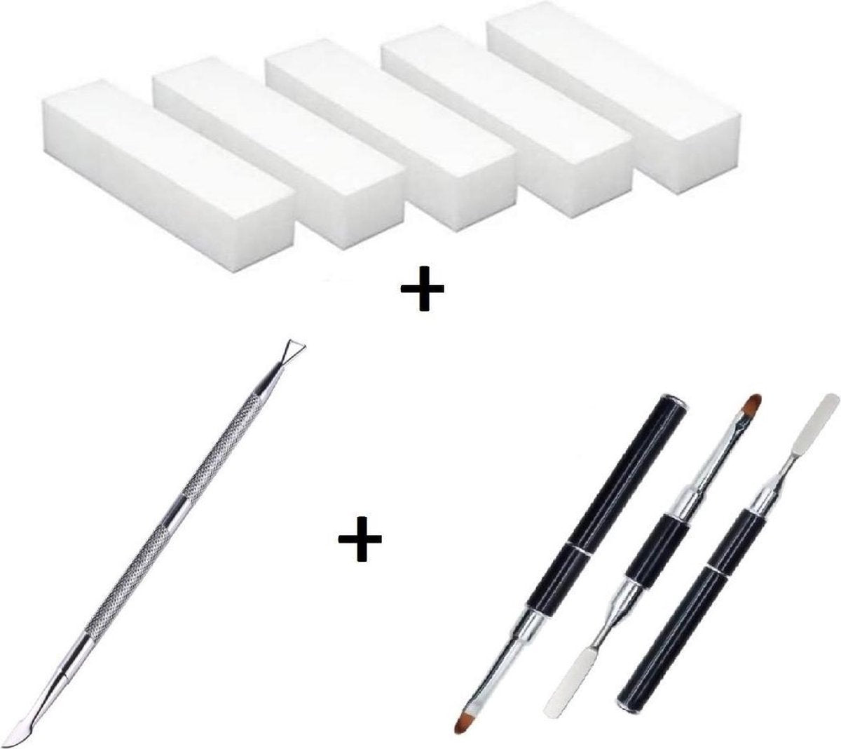 Set 1: Professioneel Polijstblok - Buffer blok - 4 zijdige vijl - Wit - 5 Stuks + 2 nageltools