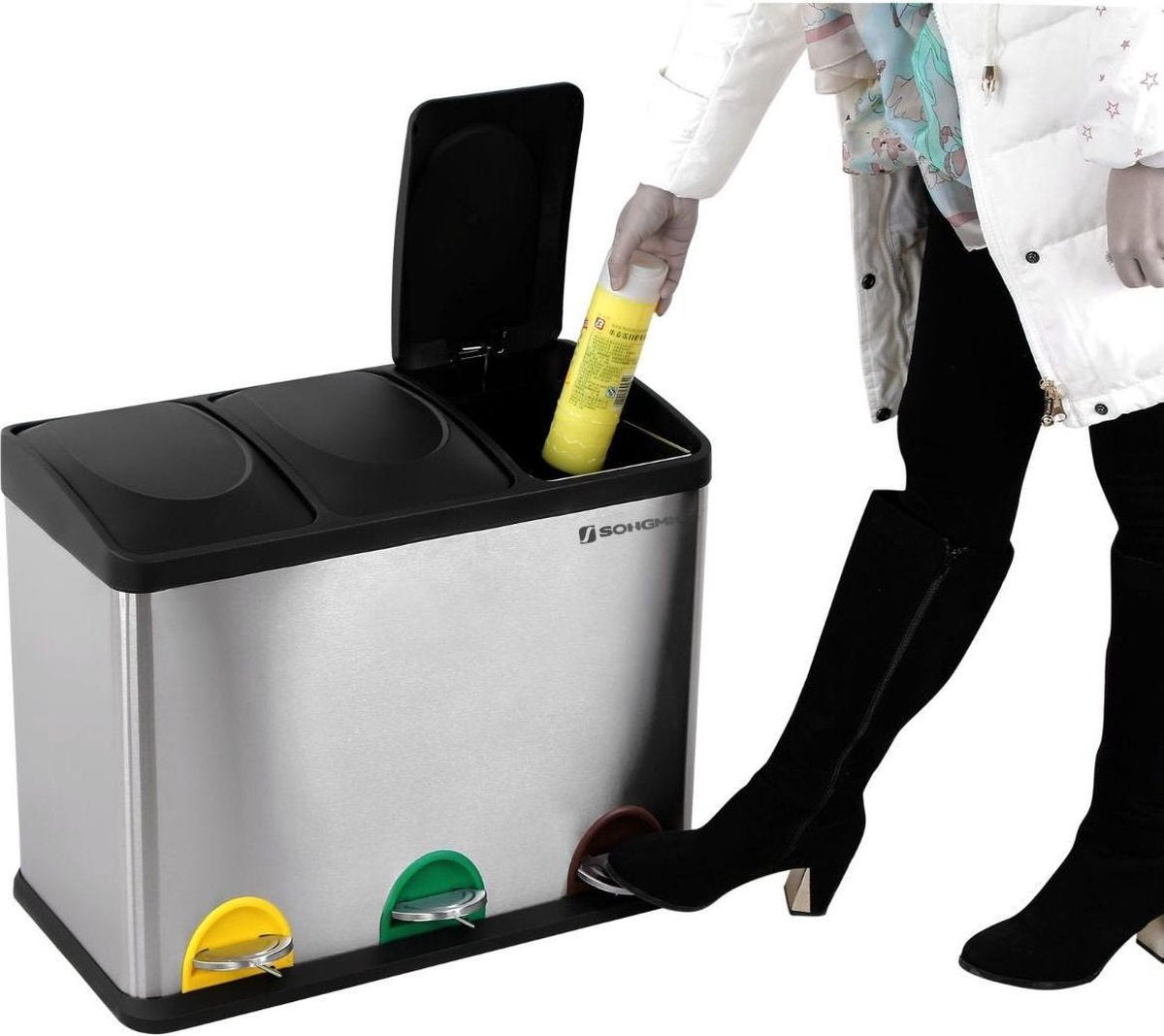 Metalen Trio Prullenbak - 3x 15 L Vakken Afval Scheiden - Afvalscheiding Pedaalemmer - Keuken Trash Can - 45 Liter