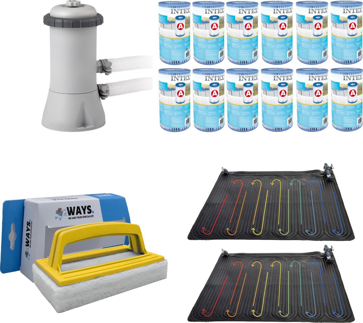 WAYS - Zwembad Onderhoud - Zwembad Verwarming 2 stuks & Intex Filterpomp 28604GS & 12 Intex Filters Type A & WAYS Handy Scrubborstel