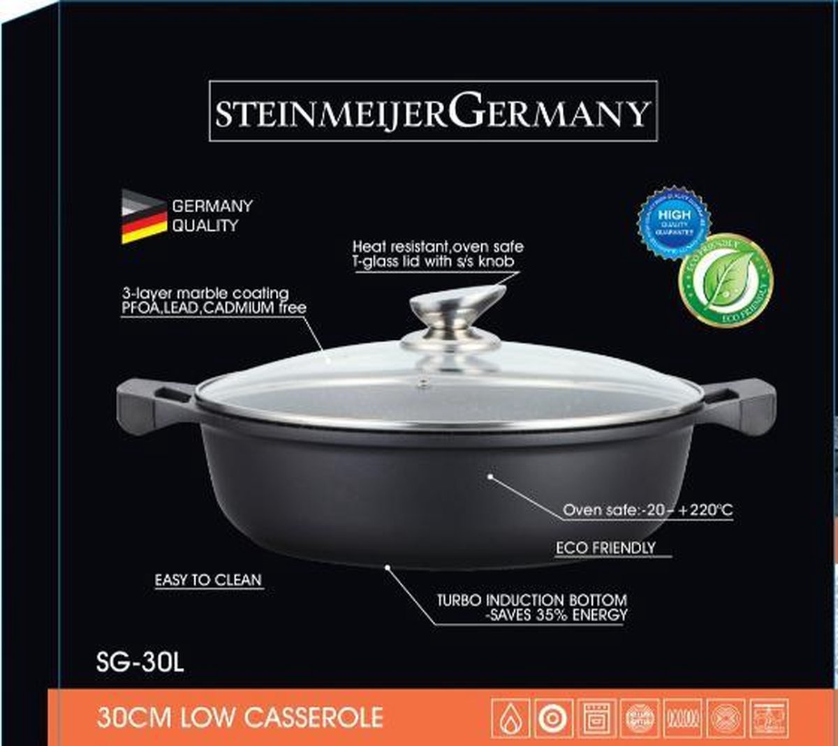 SteinMeijerGermany Marble Coating Wide Braadpan -Ø 34 cm 10 Liter-Zwart - Met glazen afdekplaat-hapjespan-brede pan- inductie pan