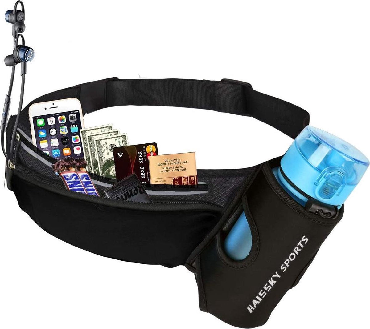 Running Belt | Heuptas | Buik Tas | Sportriem | Instelbaar | Met Headset | Telefoon | Snack | Drinkfles | Waterafstotend | Nylon | Zwart